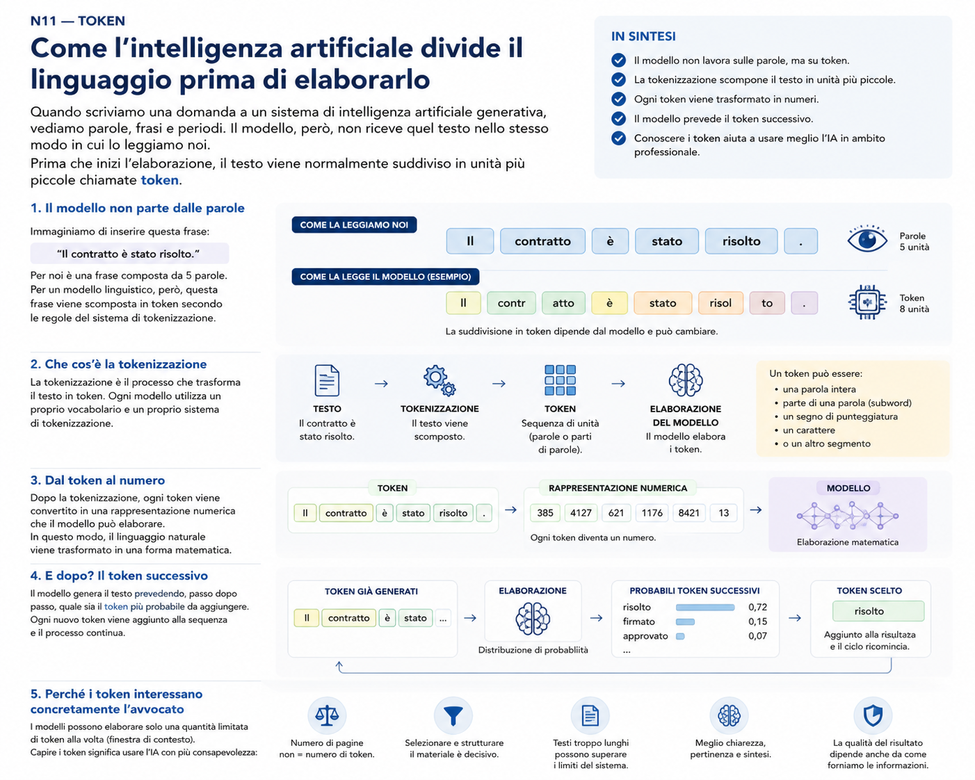 Schema che confronta la lettura umana di una frase con la sua possibile suddivisione in token e mostra il passaggio dai token alla rappresentazione numerica e all’elaborazione del modello.