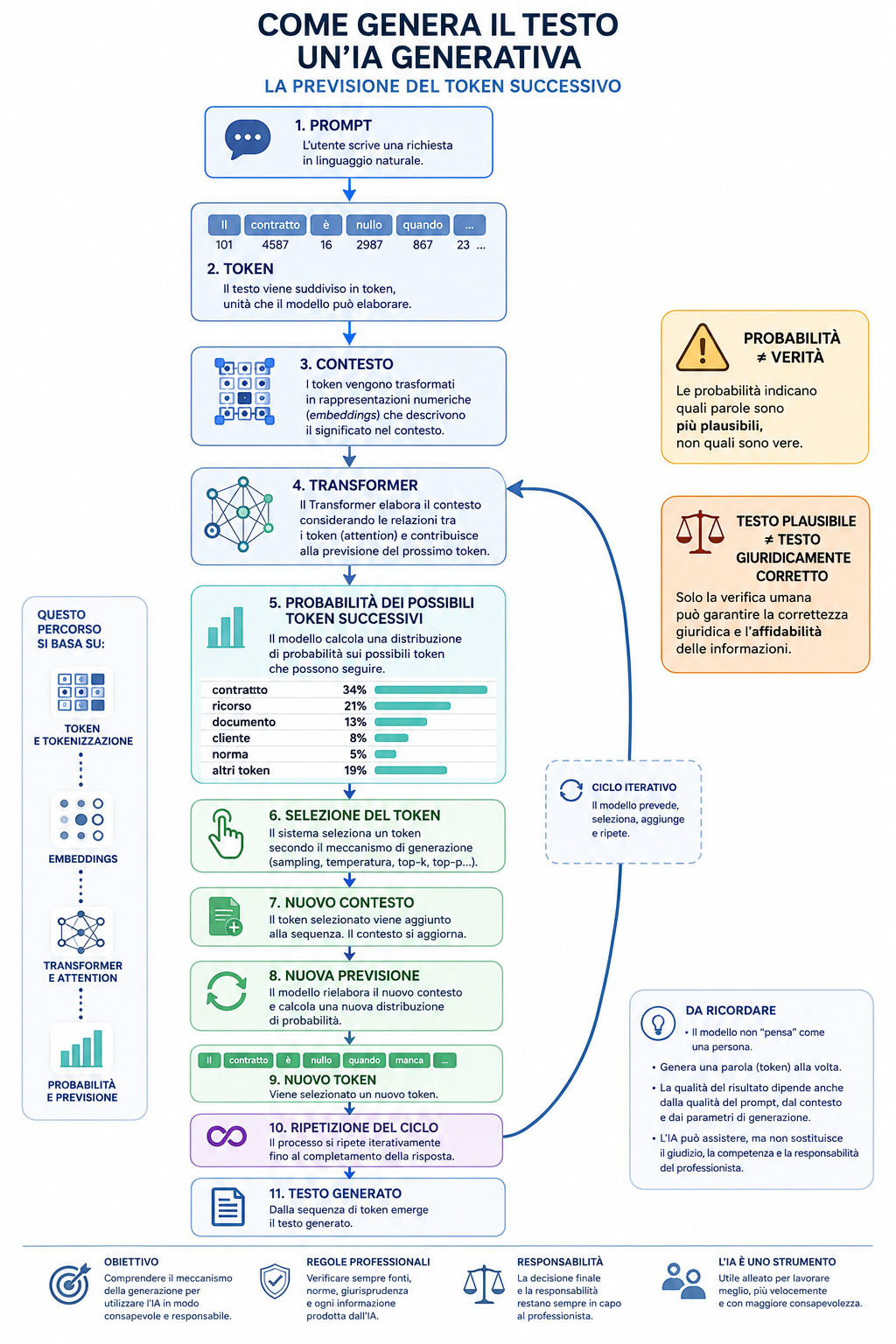 Ciclo con cui un modello generativo trasforma prompt e token in contesto, calcola le probabilità dei token successivi, ne seleziona uno e ripete il processo fino a produrre il testo, con avvertenze su verità e correttezza giuridica.