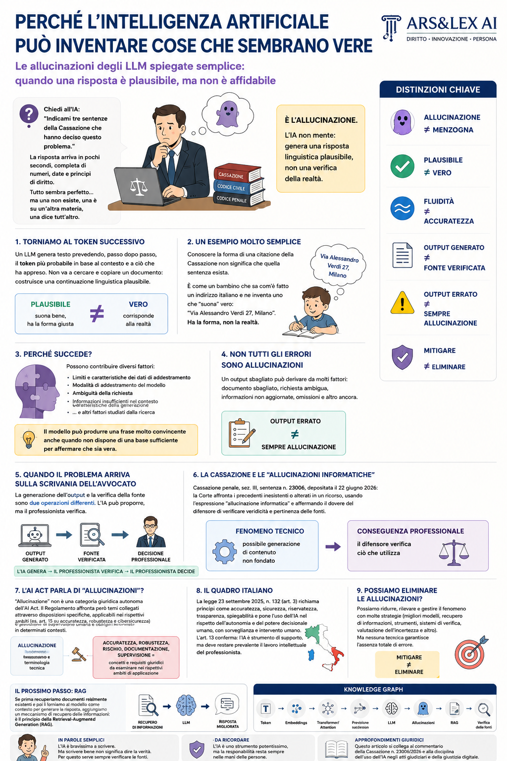 Infografica ARS&LEX AI sulle allucinazioni degli LLM: differenza tra risposta plausibile e fonte verificata, ruolo della verifica professionale e collegamento al RAG.